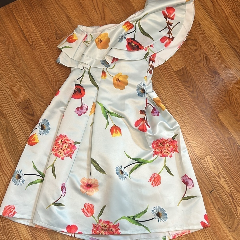 True Violet Sateen Garden floral powder blue Ruffled One Shoulder Sundress 10 - Picture 12 of 12